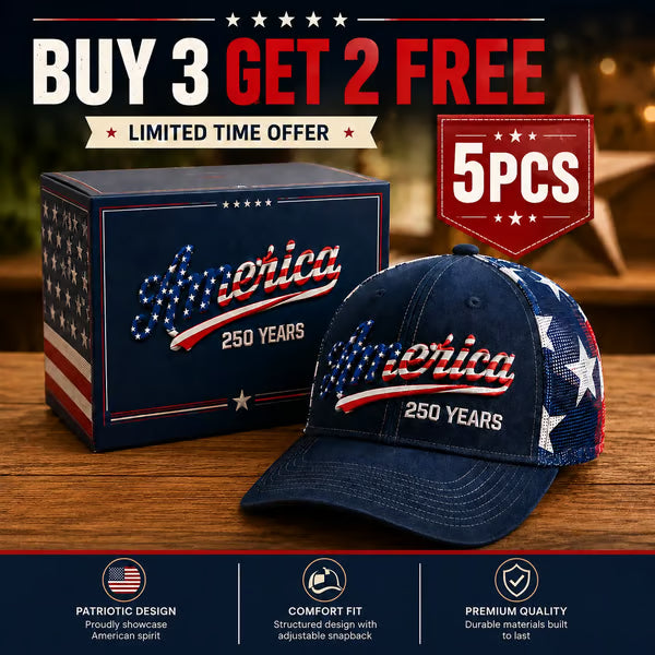 🔥 🇺🇸 America 250 Years Patriotic Embroidered Mesh Trucker Cap