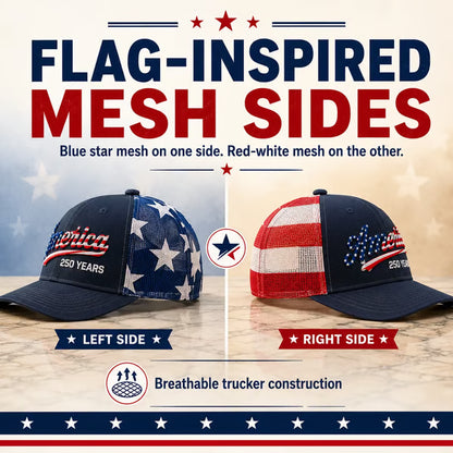 🔥 🇺🇸 America 250 Years Patriotic Embroidered Mesh Trucker Cap