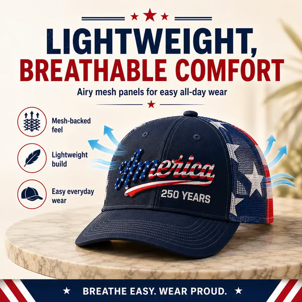 🔥 🇺🇸 America 250 Years Patriotic Embroidered Mesh Trucker Cap