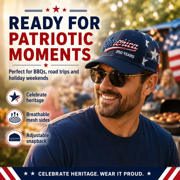 🔥 🇺🇸 America 250 Years Patriotic Embroidered Mesh Trucker Cap