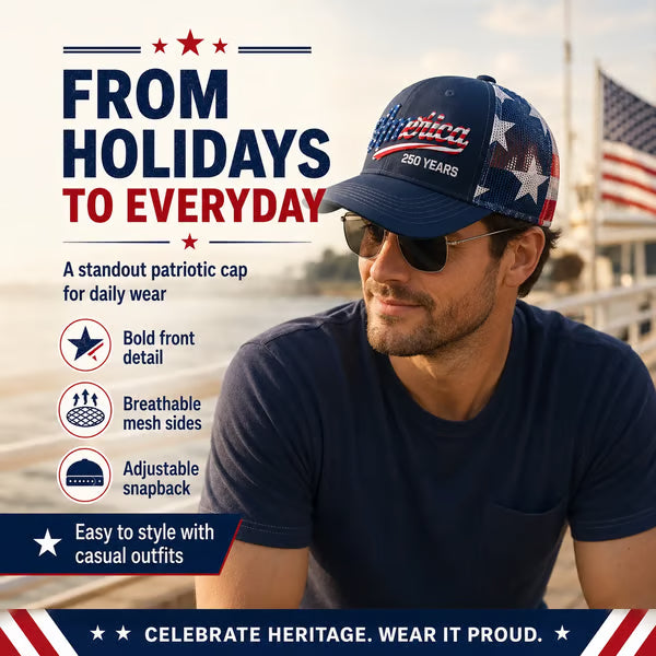 🔥 🇺🇸 America 250 Years Patriotic Embroidered Mesh Trucker Cap