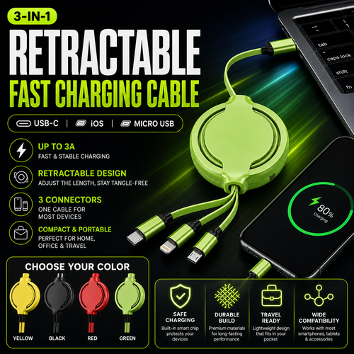 🔄 3-in-1 Retractable Fast Charging Cable—Pocket-Sized Power for Every Device